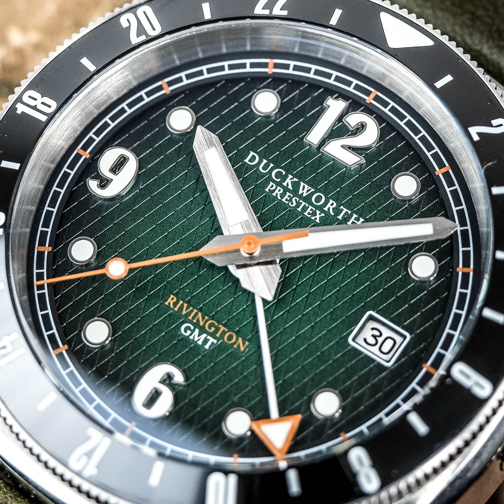 
                  
                    Rivington GMT watch green dial on green rubber
                  
                