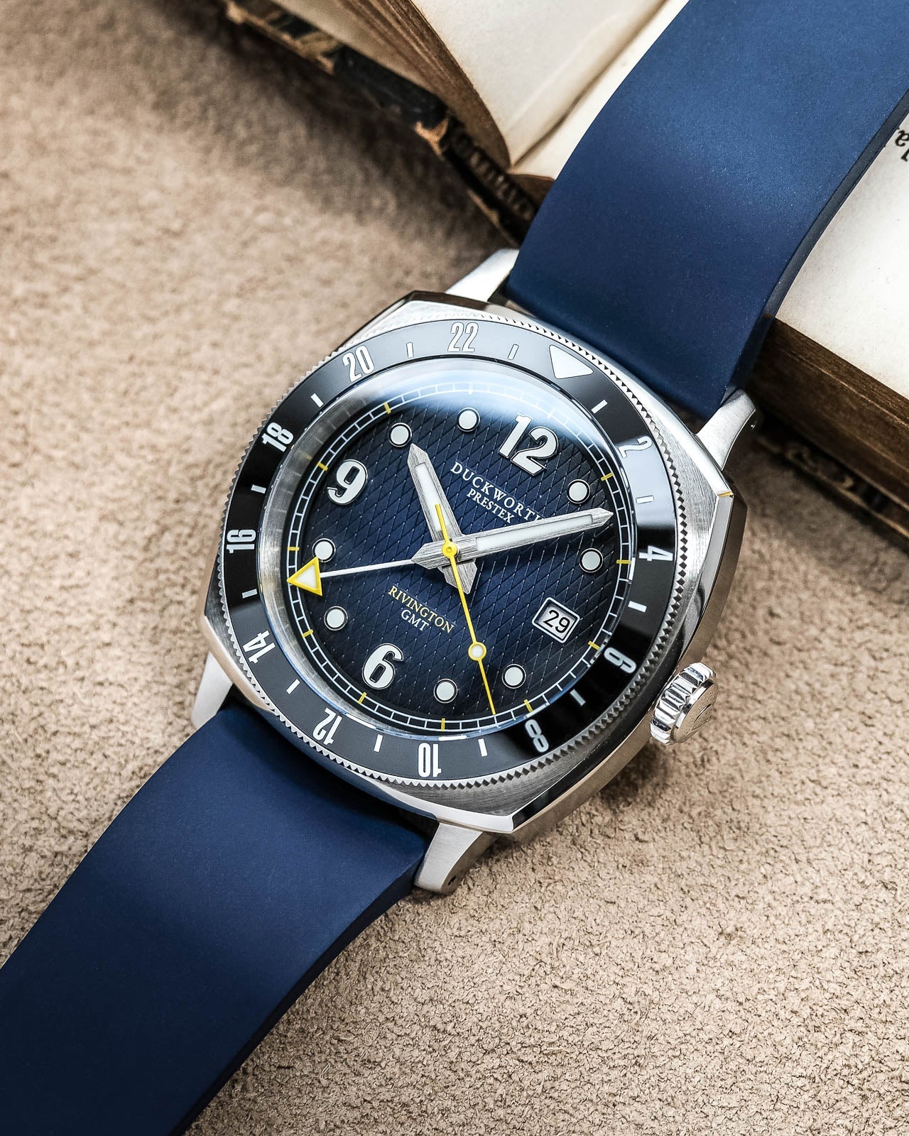 
                  
                    Rivington GMT watch blue dial on blue rubber
                  
                
