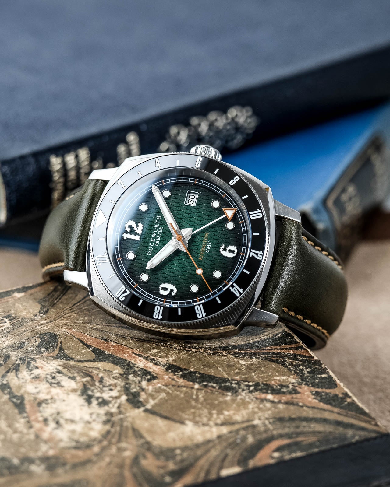 
                  
                    Rivington GMT watch green dial on green leather
                  
                