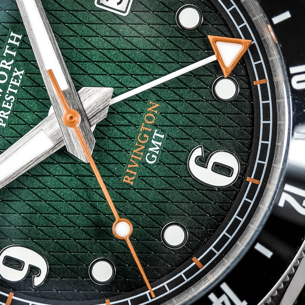 
                  
                    Rivington GMT watch green dial on green rubber
                  
                
