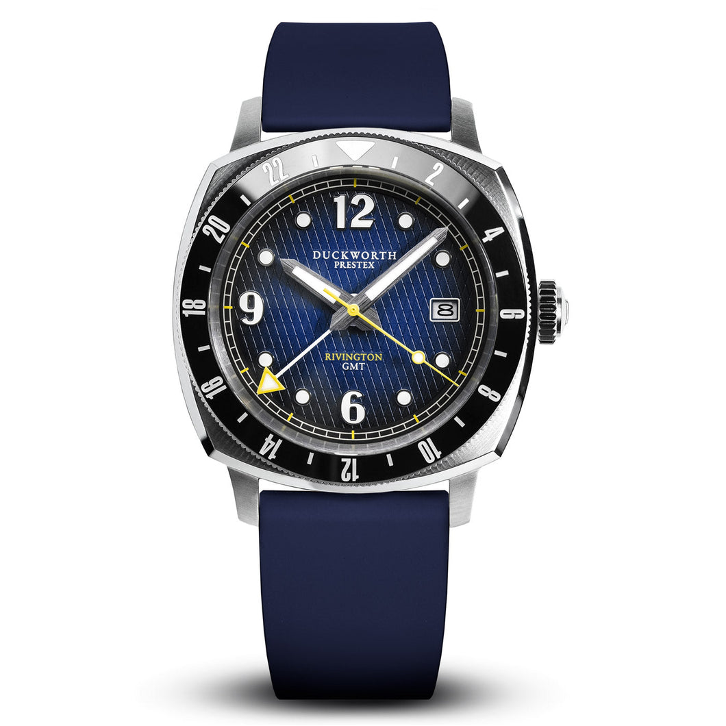 Rivington GMT watch blue dial on blue rubber