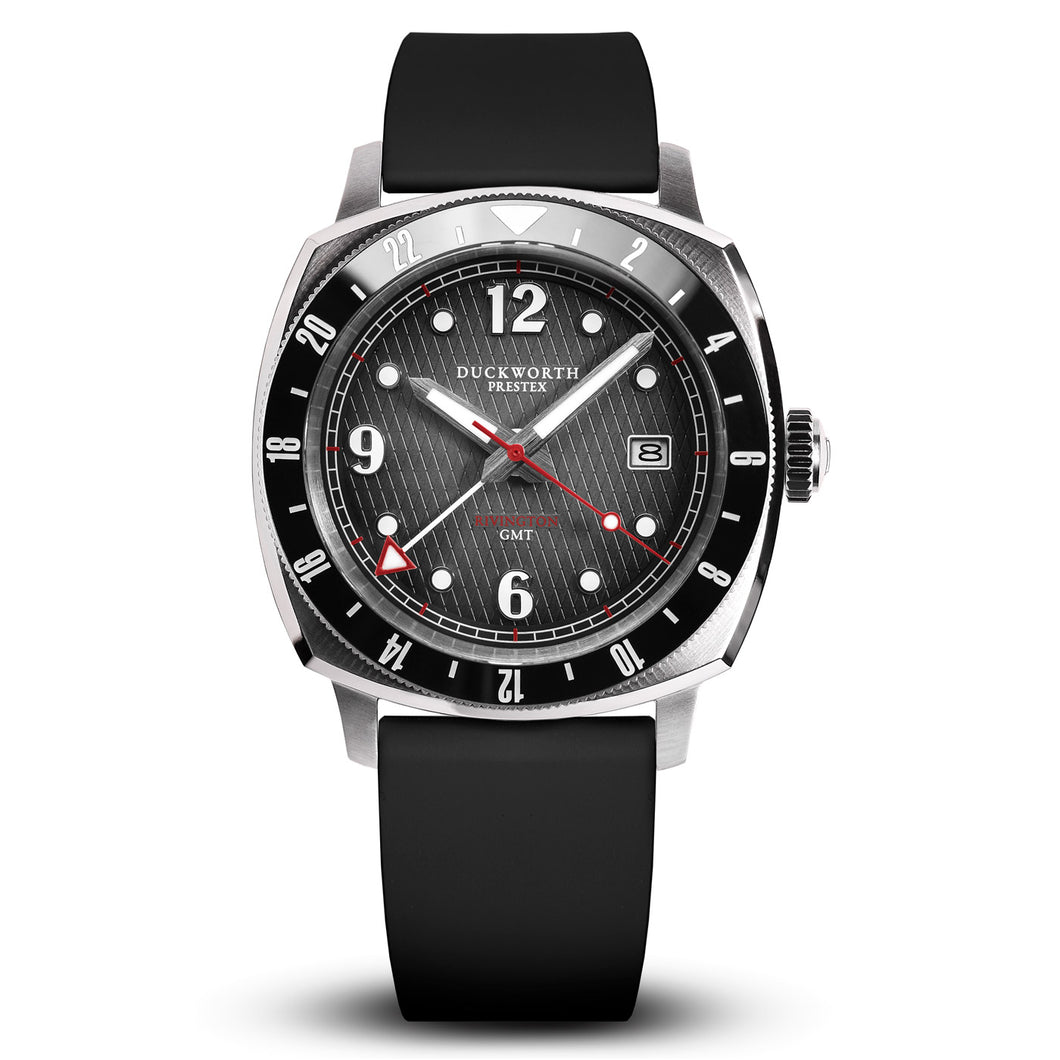 Rivington GMT watch black dial on black rubber