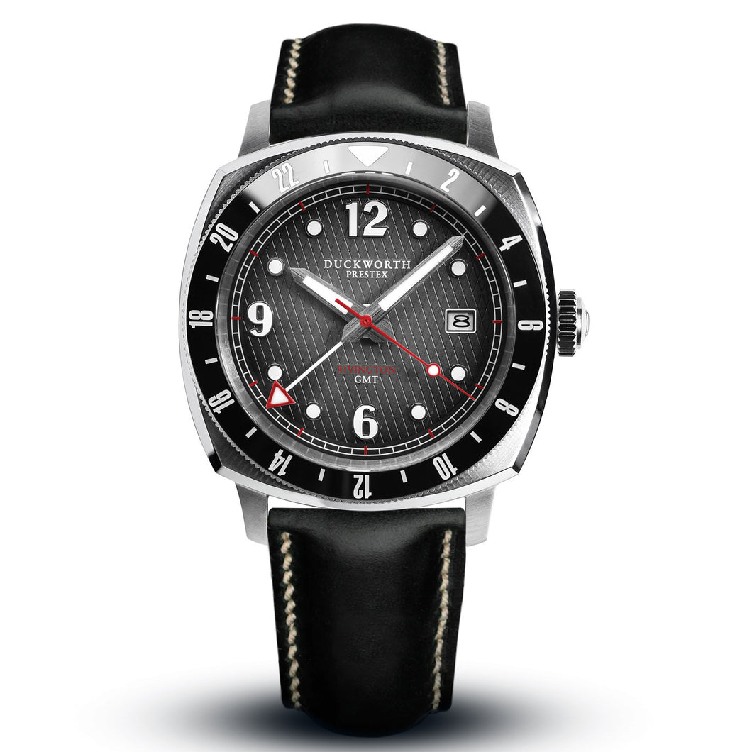 Rivington GMT watch black dial on black leather