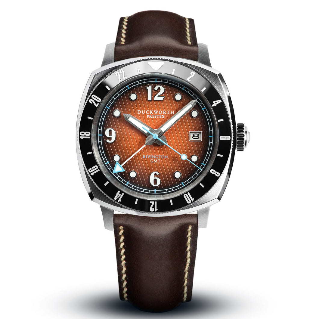 Rivington GMT watch orange dial on brown leather