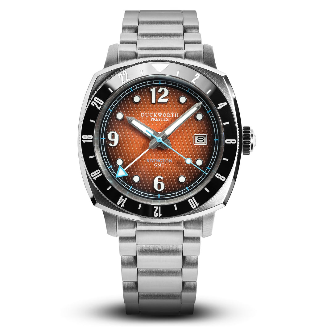 Rivington GMT watch orange dial on steel bracelet