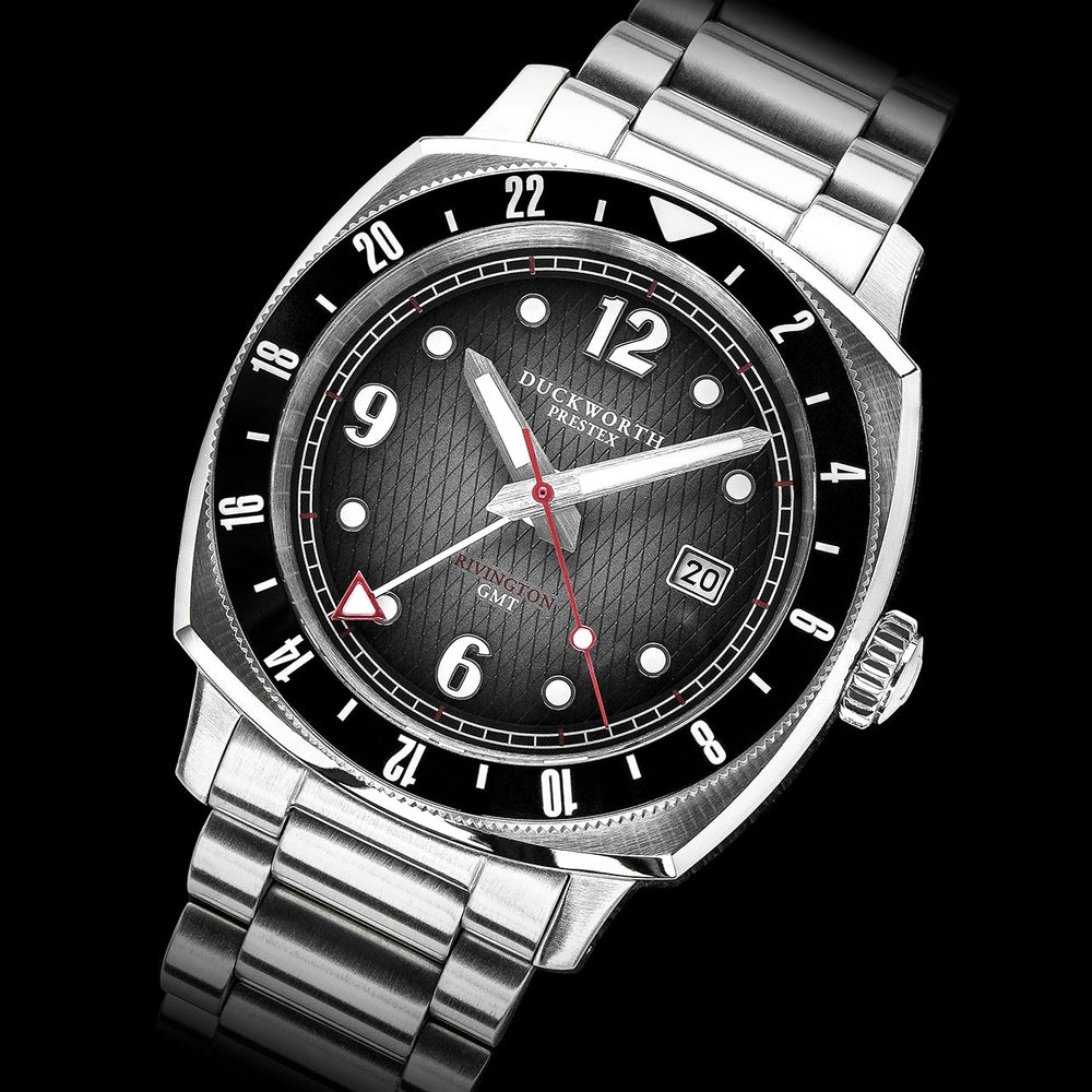 
                  
                    Rivington GMT watch black dial on black leather
                  
                